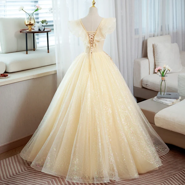 Charming Champagne Beading Sequins Prom Dresses 2022 Ball Gown V-Neck Sleeveless Backless Floor-Length / Long Prom Formal Dresses