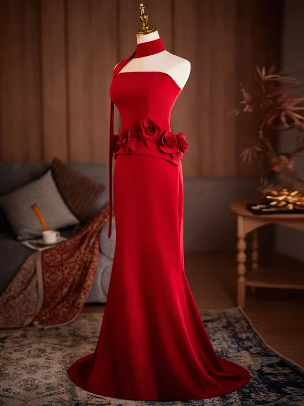 Vintage / Retro Red Appliques Prom Dresses 2026 Trumpet / Mermaid Strapless Sleeveless Backless Sweep Train Formal Dresses