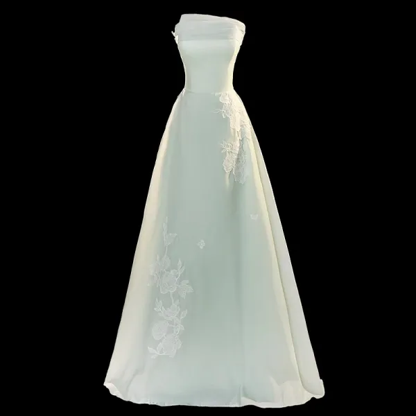 Sexy Sage Green Lace Flower Evening Dresses 2023 A-Line / Princess Organza Strapless Sleeveless Backless Floor-Length / Long Evening Party Formal Dresses