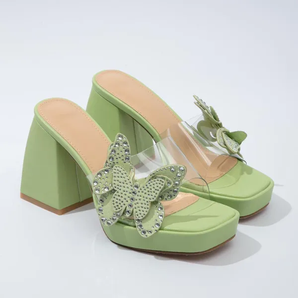 Fashion Transparent Sage Green Street Wear Rhinestone Butterfly Womens Sandals 2022 9 cm Thick Heels Open / Peep Toe Sandals High Heels