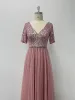 Modest / Simple Blushing Pink Sequins Prom Dresses 2024 A-Line / Princess V-Neck Short Sleeve Backless Floor-Length / Long Prom Formal Dresses