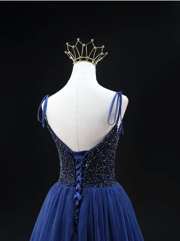 Vintage / Originale Bleu Marine Paillettes Robe De Bal 2024 Princesse Bretelles Spaghetti Sans Manches Dos Nu Longue Promo Robe De Ceremonie