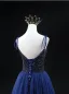 Vintage / Originale Bleu Marine Paillettes Robe De Bal 2024 Princesse Bretelles Spaghetti Sans Manches Dos Nu Longue Promo Robe De Ceremonie