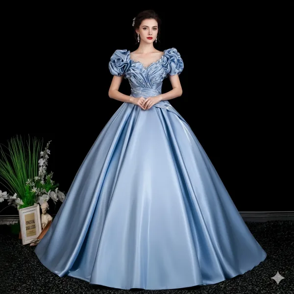 Elegant Sky Blue Beading Sequins Ruffle Prom Dresses 2026 Ball Gown Scoop Neck Short Sleeve Backless Floor-Length / Long Formal Dresses