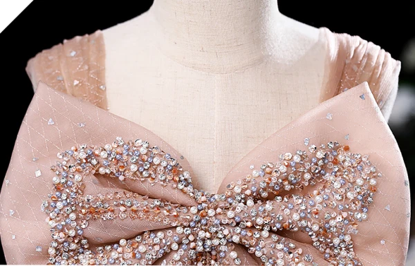 Chic / Belle Champagne Perlage Faux Diamant Paillettes Robe Ceremonie Fille 2024 Robe Boule Anniversaire Encolure Carrée Noeud Sans Manches Dos Nu Longue