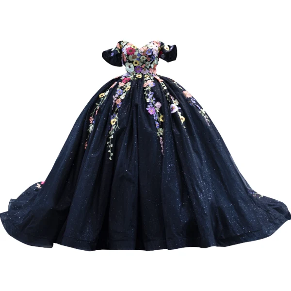Flower Fairy High-end Black Lace Appliques Prom Dresses 2023 Ball Gown Off-The-Shoulder Sleeveless Backless Glitter Cathedral Train Prom Formal Dresses