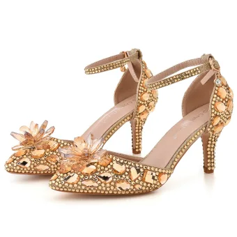 Cendrillon Champagne Cristal Chaussure De Mariée 2022 Faux Diamant Bride Cheville 7 Cm Talons Aiguilles À Bout Pointu Chaussure De Mariée Talons Hauts