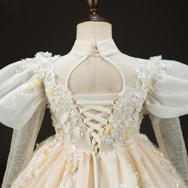 Luxury / Gorgeous Champagne Beading Pearl Lace Flower Appliques Birthday Flower Girl Dresses 2022 Ball Gown High Neck Puffy Short Sleeve Backless Floor-Length / Long Flower Girl Dresses