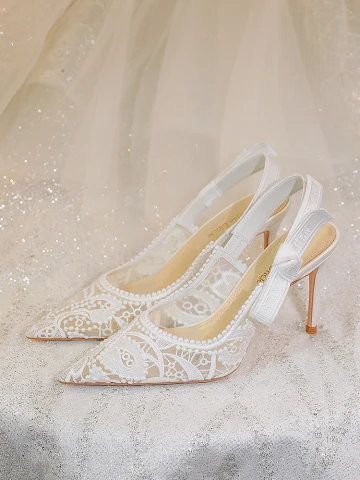 Elegante Witte Kant Bruidsschoenen 2024 Huwelijk Leer 8 Cm Naaldhakken Stiletto Spitse Neus Sandalen Hoge Hakken