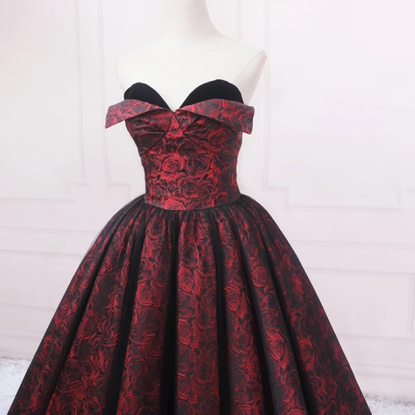 Vintage / Retro Burgundy Printing Prom Dresses 2023 Ball Gown Satin Strapless Sleeveless Backless Floor-Length / Long Prom Formal Dresses