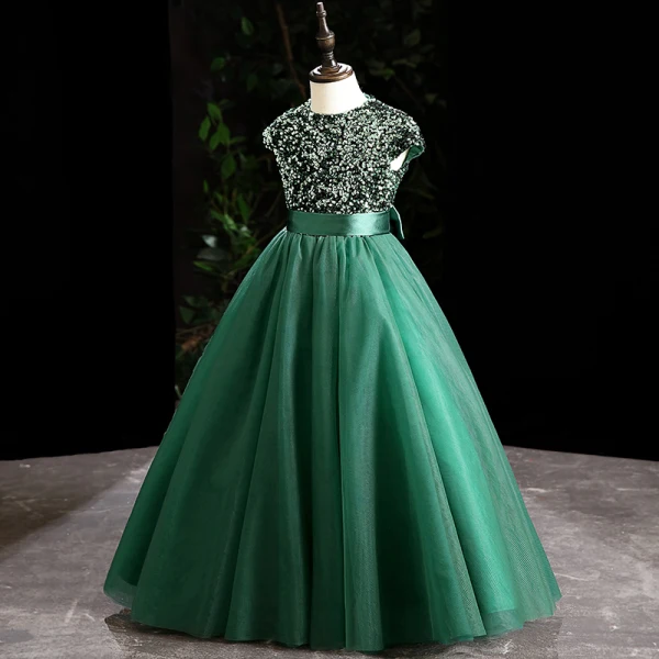 Vintage / Retro Dark Green Sequins Birthday Flower Girl Dresses 2024 Ball Gown Scoop Neck Sleeveless Bow Sash Floor-Length / Long