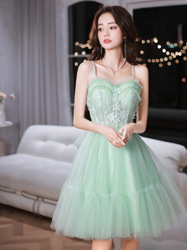 Chic / Beautiful Mint Green Homecoming Appliques Graduation Dresses 2022 A-Line / Princess Spaghetti Straps Sleeveless Backless Bow Floor-Length / Long Formal Dresses