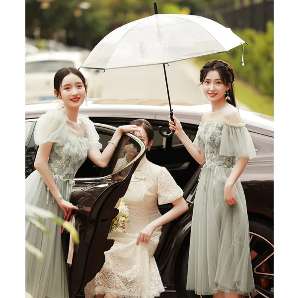Chic / Beautiful Sage Green Lace Flower Bridesmaid Dresses 2022 A-Line / Princess Short Sleeve Backless Tea-length Bridesmaid Dresses