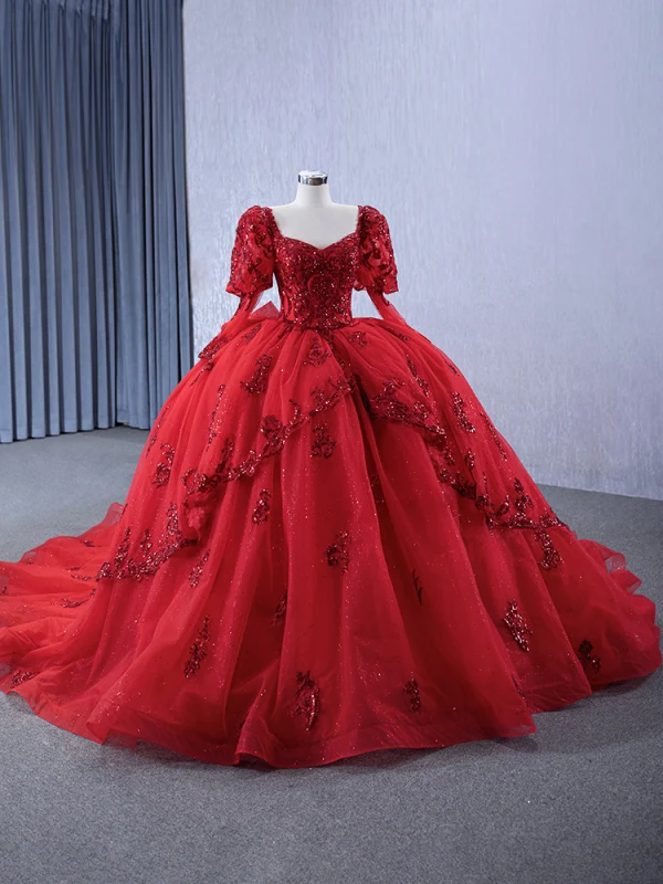 Luxury / Gorgeous Red Handmade  Beading Sequins Lace Flower Prom Dresses 2024 Ball Gown Square Neckline Long Sleeve Backless Chapel Train Prom Formal Dresses