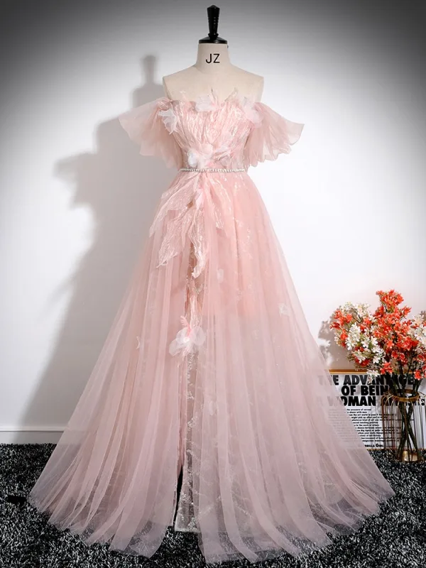 Schöne Rosa Perlenstickerei Applikationen Gespaltete Front Ballkleider 2024 Ballkleid Off Shoulder Kurze Ärmel Rückenfreies Lange Ball Festliche Kleider