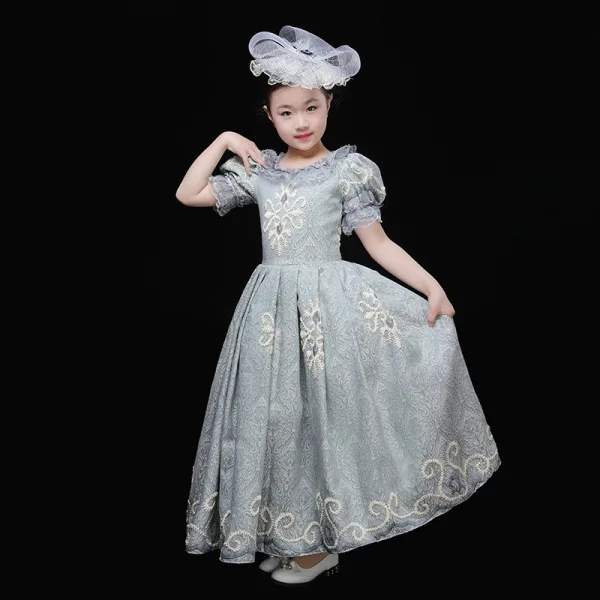 Vintage / Retro Medieval Pool Blue Flower Girl Dresses 2024 3D Lace Floral Printing Scoop Neck Short Sleeve Cosplay Prom Ball Gown Wedding Party Dresses