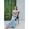 Sparkly Sky Blue Beading Sequins Prom Dresses 2022 Trumpet / Mermaid Square Neckline Sleeveless Backless Floor-Length / Long Formal Dresses