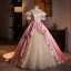 Medieval Vintage / Retro Blushing Pink Lace Flower Ball Gown Prom Dresses 2025 Off-The-Shoulder Short Sleeve Backless Floor-Length / Long Prom Formal Dresses