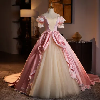 Mittelalterlich Vintage Rosa Spitze Blumen Ballkleid Ballkleider 2025 Off Shoulder Kurze Ärmel Rückenfreies Lange Ball Festliche Kleider