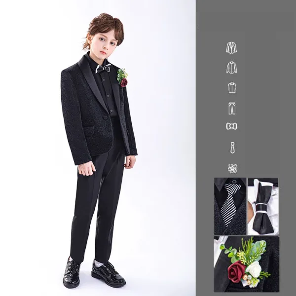 Noire Manches Longues Mariage Costume Garçon Mariage 2025 Bijoux De Corps Manteau Pantalon Chemise Cravate Gilet