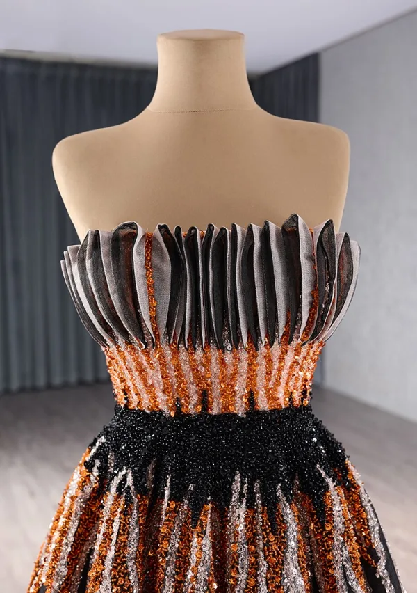 Luxus / Herrlich Schwarz Handgefertigt Perlenstickerei Pailletten Ballkleider 2024 A Linie Bandeau Ärmellos Rückenfreies Sweep / Pinsel Zug Ball Festliche Kleider