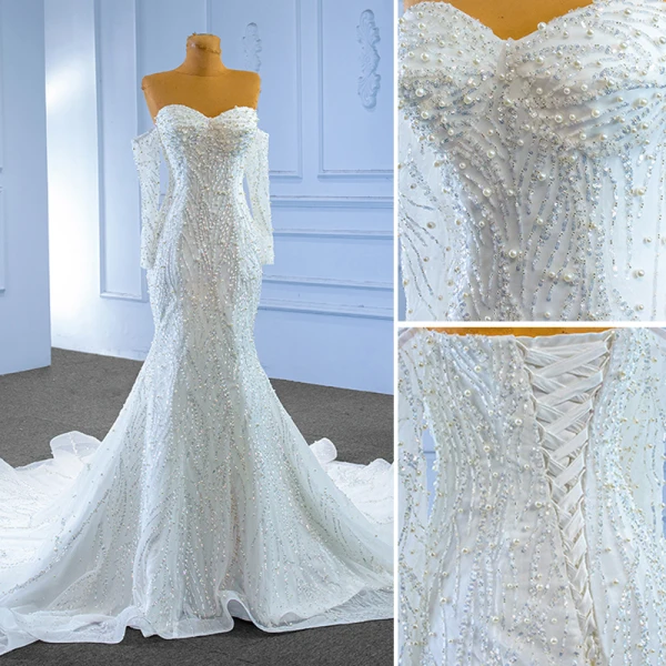 Sexy High Low White Beading Pearl Sequins Wedding Dresses 2023 Trumpet / Mermaid Off-The-Shoulder Long Sleeve Backless Chapel Train Wedding