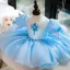Mode Bleu Ciel Anniversaire Courte Robe Ceremonie Fille 2022 Robe Boule Encolure Dégagée Gonflée Manches Courtes Perle Noeud Robe Ceremonie Fille