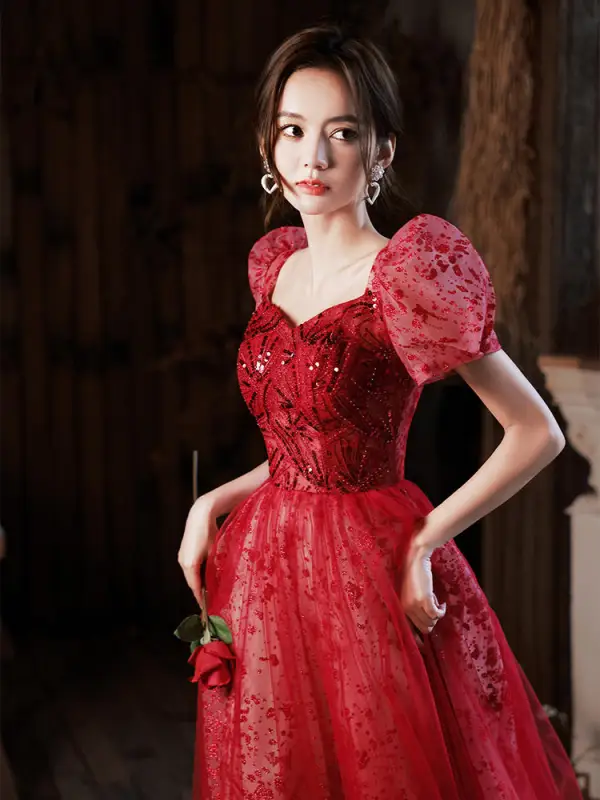 Chic / Belle Bordeaux Paillettes Robe De Soirée 2022 Princesse Encolure Carrée Gonflée Manches Courtes Dos Nu Longue Soirée Robe De Ceremonie