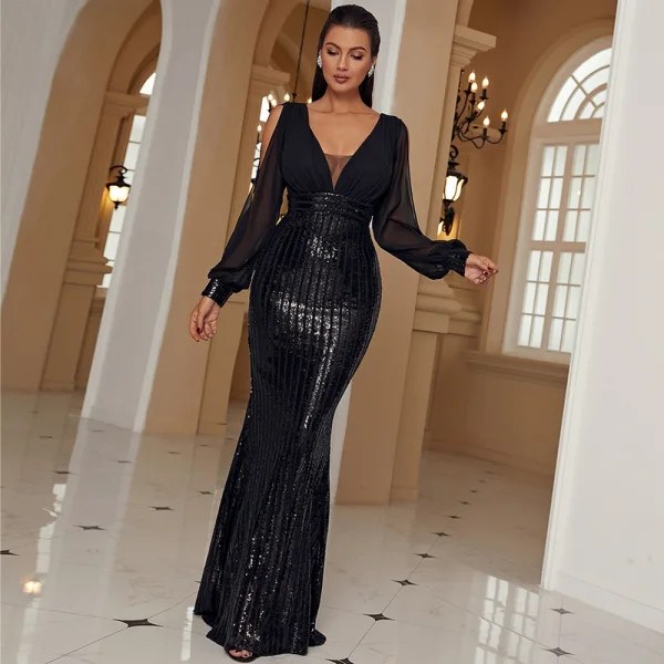 Audrey Hepburn Style White Sequins Holiday Evening Dresses 2022 Trumpet / Mermaid V-Neck Long Sleeve Floor-Length / Long Evening Party Formal Dresses