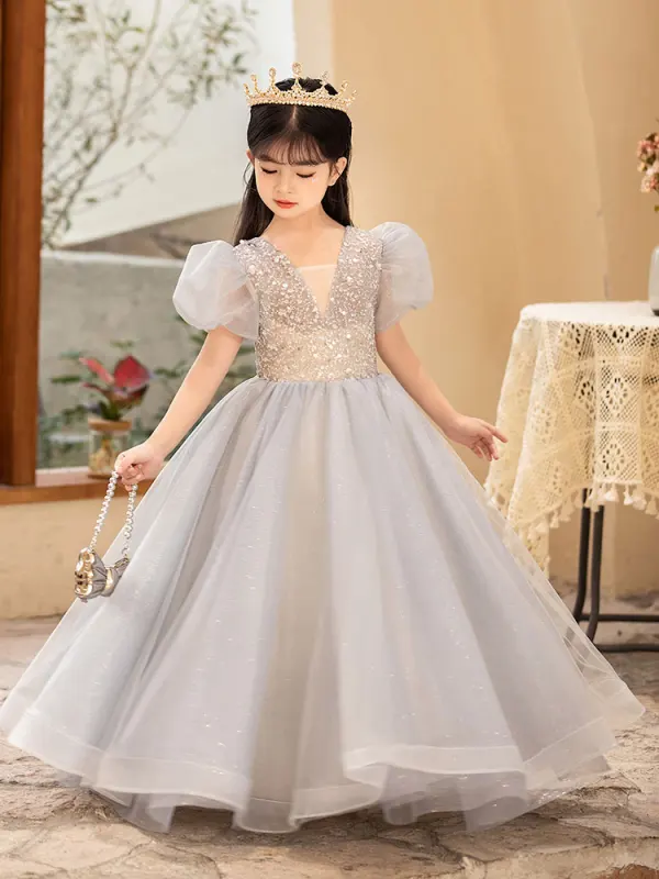 Chic / Beautiful Grey Beading Sequins Birthday Flower Girl Dresses 2022 A-Line / Princess V-Neck Puffy Short Sleeve Floor-Length / Long