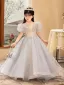 Chic / Beautiful Grey Beading Sequins Birthday Flower Girl Dresses 2022 A-Line / Princess V-Neck Puffy Short Sleeve Floor-Length / Long