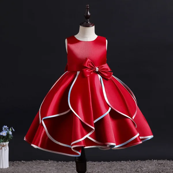Fashion Burgundy Birthday Cascading Ruffles Flower Girl Dresses 2023 Ball Gown Scoop Neck Sleeveless Backless Bow Tea-length Flower Girl Dresses