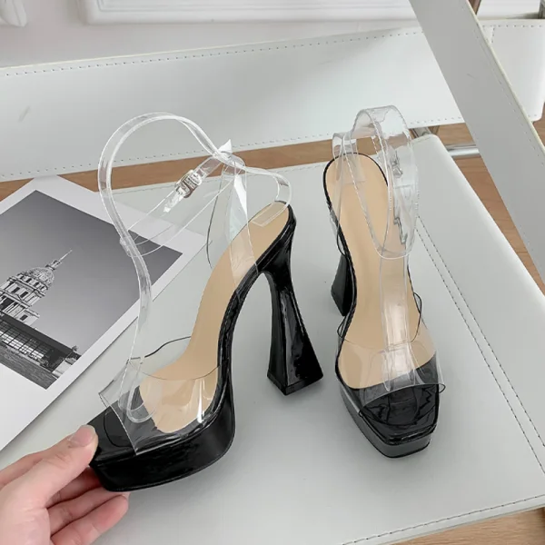 Sexy Transparent Beige Evening Party Womens Sandals 2023 13 cm Thick Heels Open / Peep Toe Sandals High Heels