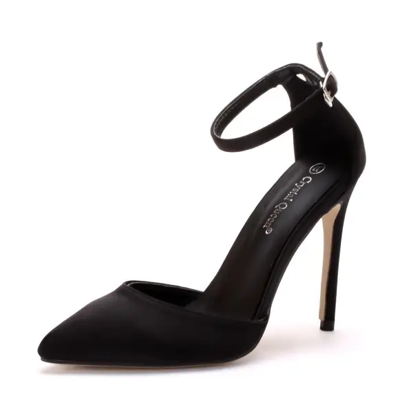Sexy Noire Soirée Satin Sandales Femme 2023 Été Bride Cheville 11 cm Talons Aiguilles À Bout Pointu Sandales Talons Hauts