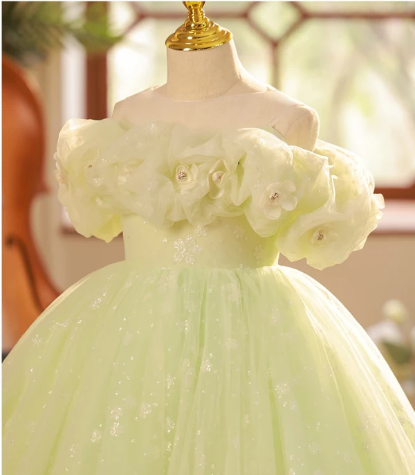 Chic / Beautiful Sage Green Sequins Birthday Flower Girl Dresses 2023 Ball Gown Ruffle Off-The-Shoulder Short Sleeve Backless Floor-Length / Long