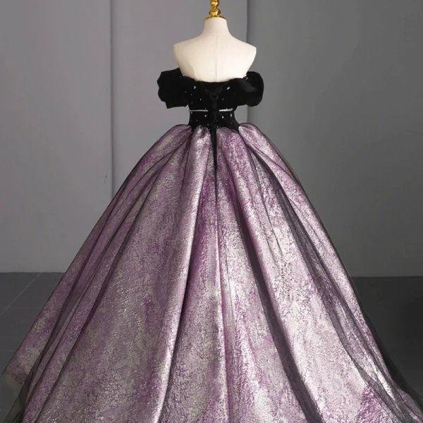 Vintage / Retro Black Rhinestone Sash Satin Prom Dresses 2023 Ball Gown Off-The-Shoulder Short Sleeve Backless Floor-Length / Long Formal Dresses