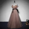 Chic / Beautiful Tan Spotted Prom Dresses 2022 A-Line / Princess Off-The-Shoulder Short Sleeve Backless Sash Bow Floor-Length / Long Formal Dresses