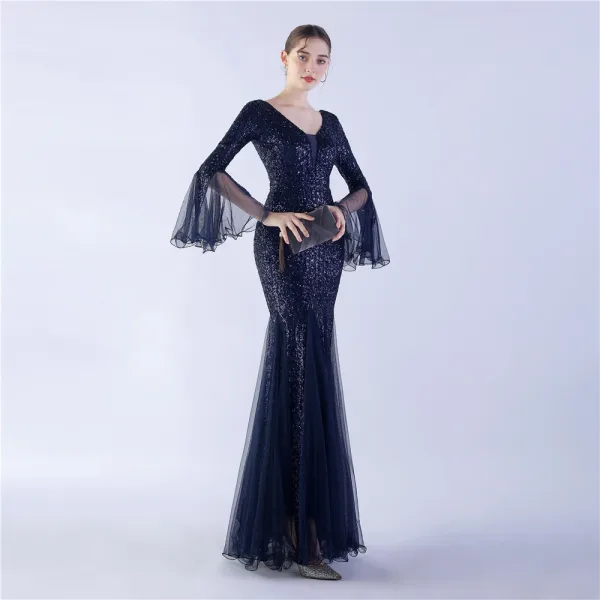 Sparkly Black Sequins Evening Dresses 2024 Trumpet / Mermaid V-Neck Bell sleeves Backless Floor-Length / Long Evening Party Formal Dresses