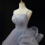 Charming Grey Cascading Ruffles Pearl Prom Dresses 2023 Ball Gown Spaghetti Straps Sleeveless Backless Floor-Length / Long Prom Formal Dresses