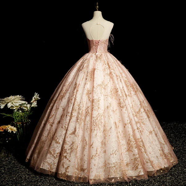 Elegant Blushing Pink Prom Dresses 2023 Ball Gown Scoop Neck Beading Rhinestone Sequins Lace Flower Tassel Sleeveless Backless Floor-Length / Long Formal Dresses