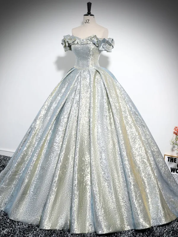 Charming Gold Silver Prom Dresses 2024 Ball Gown Ruffle Off-The-Shoulder Short Sleeve Backless Sweep Train Prom Formal Dresses