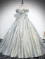 Charming Gold Silver Prom Dresses 2024 Ball Gown Ruffle Off-The-Shoulder Short Sleeve Backless Sweep Train Prom Formal Dresses