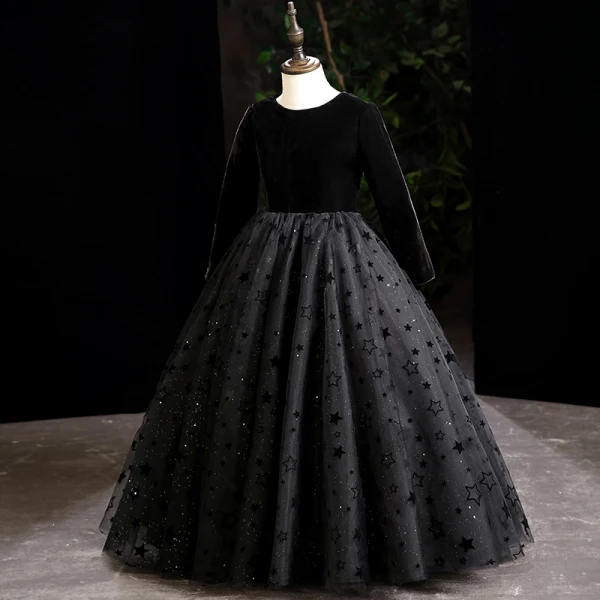 Chic / Beautiful Black Birthday Flower Girl Dresses 2022 Ball Gown Scoop Neck Suede Star Sequins Long Sleeve Floor-Length / Long Flower Girl Dresses