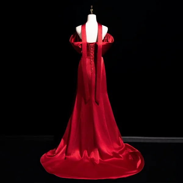 Sexy Burgundy Satin Evening Dresses 2025 A-Line / Princess Off-The-Shoulder Short Sleeve Backless Floor-Length / Long Formal Dresses
