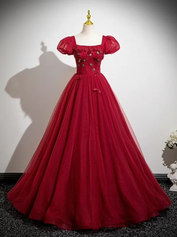 Flower Fairy Burgundy Appliques Prom Dresses 2025 Ball Gown Square Neckline Puffy Short Sleeve Backless Floor-Length / Long Formal Dresses