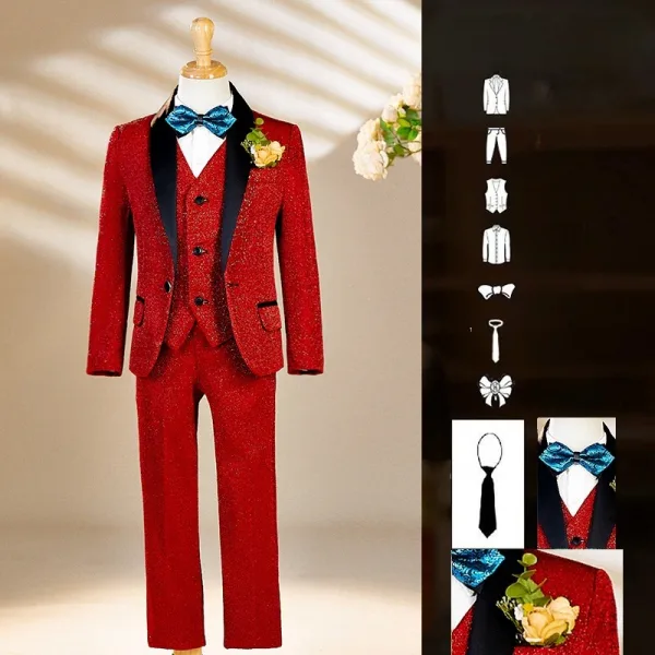 Fall Winter Red Glitter 6-piece Long Sleeve Boys Wedding Suits 2025 Body Jewellery Coat Necklace Pants Shirt Tie