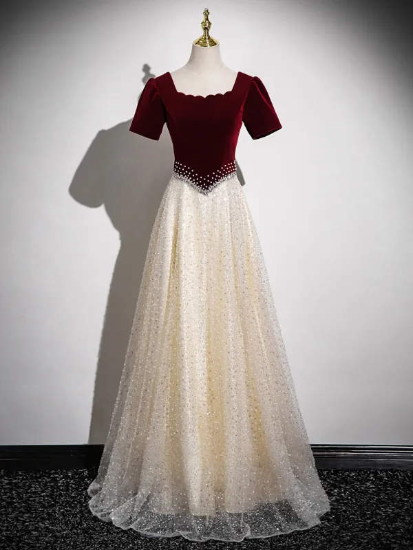 Elegant Black Pearl Rhinestone Sequins Prom Dresses 2026 A-Line / Princess Square Neckline Short Sleeve Backless