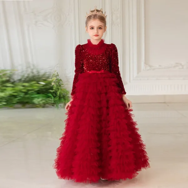 Sparkly Sage Green Cascading Ruffles Sequins Birthday Flower Girl Dresses 2024 A-Line / Princess High Neck Long Sleeve Bow Sash Floor-Length / Long Flower Girl Dresses
