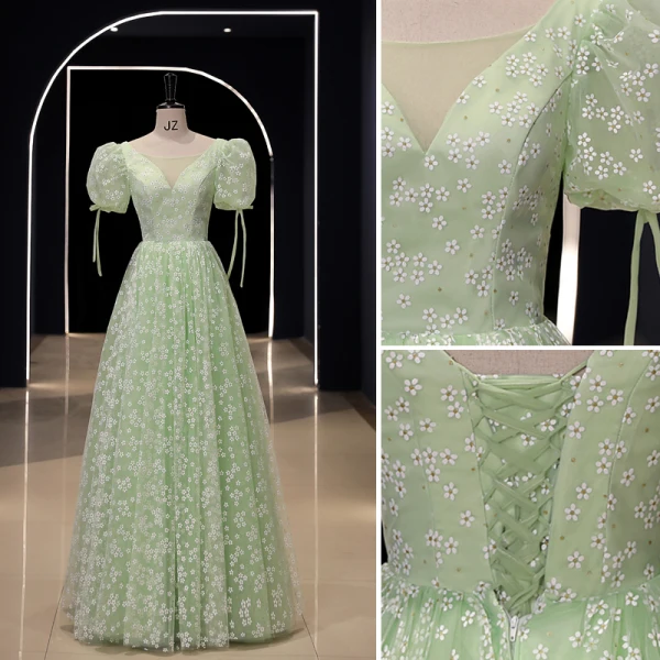 Chic / Beautiful Sage Green Floral Outdoor / Garden Prom Dresses 2023 A-Line / Princess Scoop Neck Short Sleeve Backless Floor-Length / Long Prom Formal Dresses
