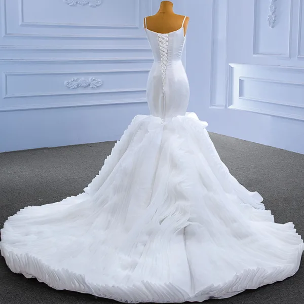 Haut de Gamme Blanche Volants Robe De Mariée 2022 Trompette / Sirène Bretelles Spaghetti Sans Manches Dos Nu Chapel Train Mariage